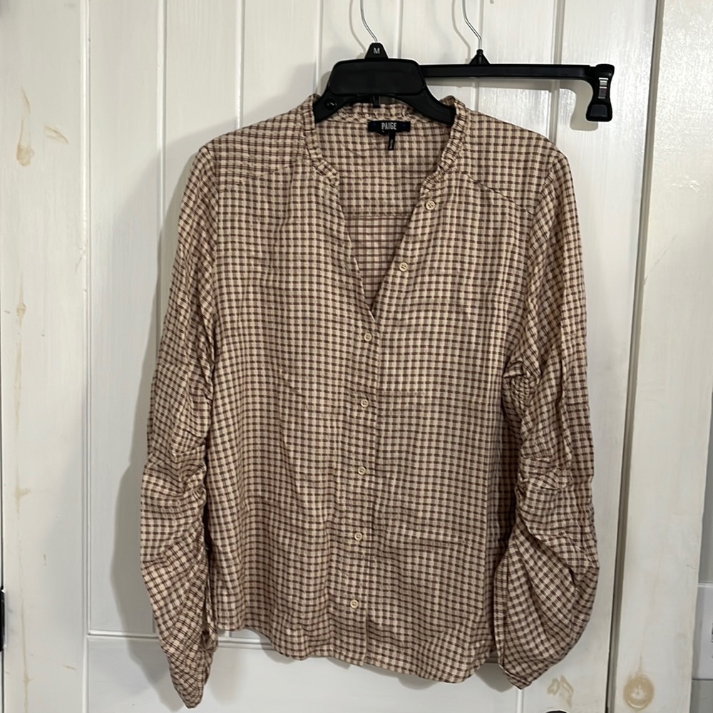 Paige cream plaid cinch sleeve long sleeve top. Size large. Cotton and modal